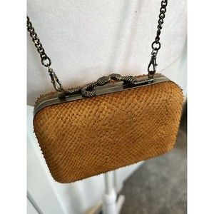 House of Harlow 1960 Marley Box Clutch Snake Hardwear Kiss Lock Tan Cow Leather